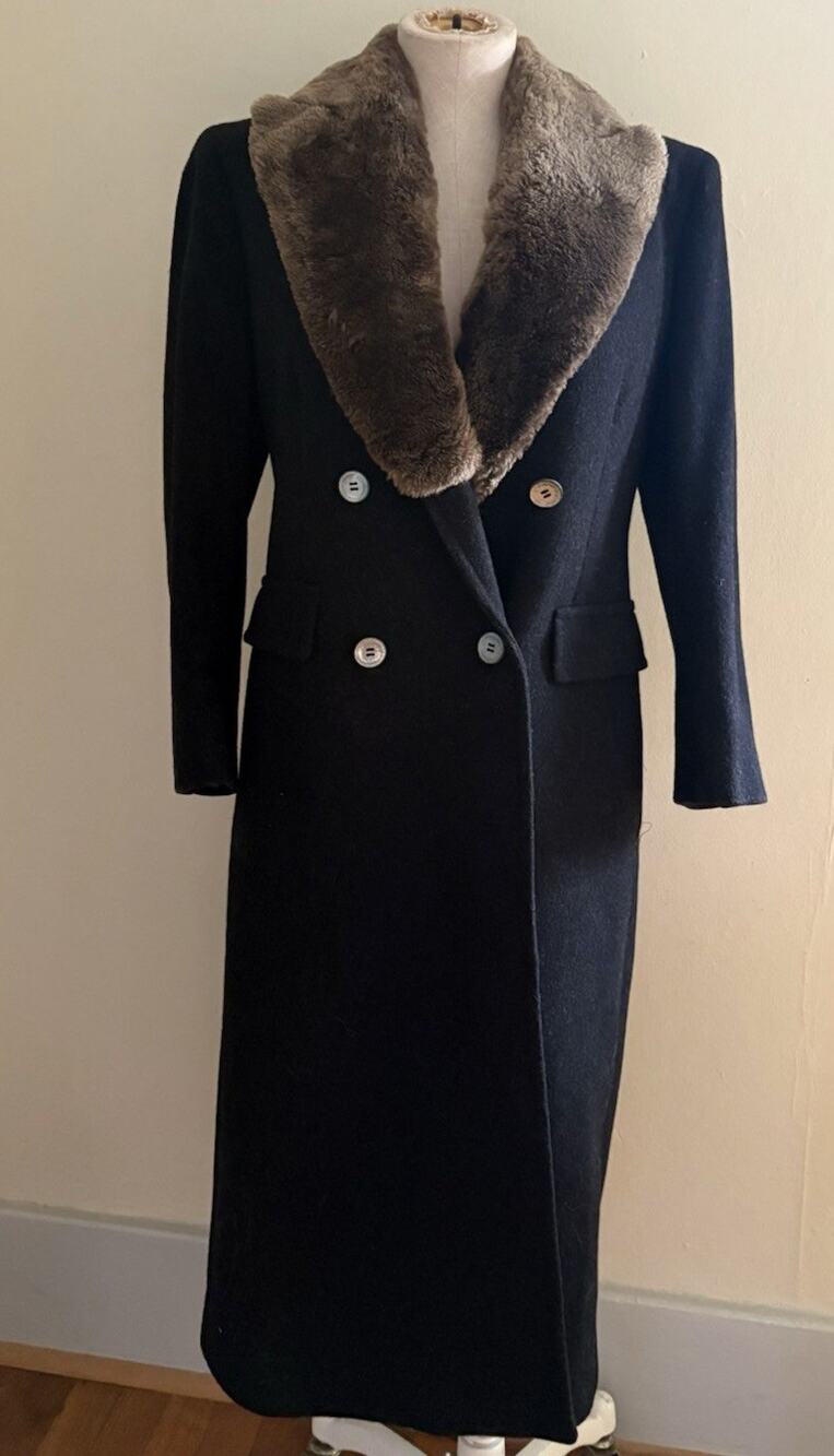 Brooks Brothers Black Wool Long Coat Made USA Faux Fur Shawl Collar Women’s M